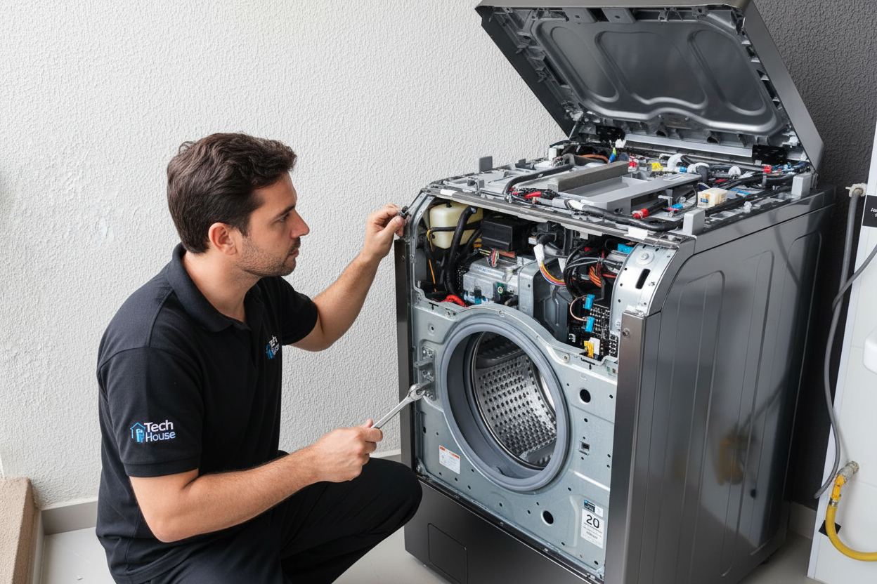 Técnico realizando diagnóstico em lava e seca